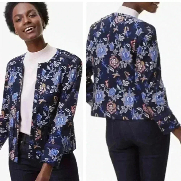 Ann Taylor Loft Jacket Cropped Navy Blue Floral Crochet Trim Size 14 Fit 12 - Picture 1 of 10